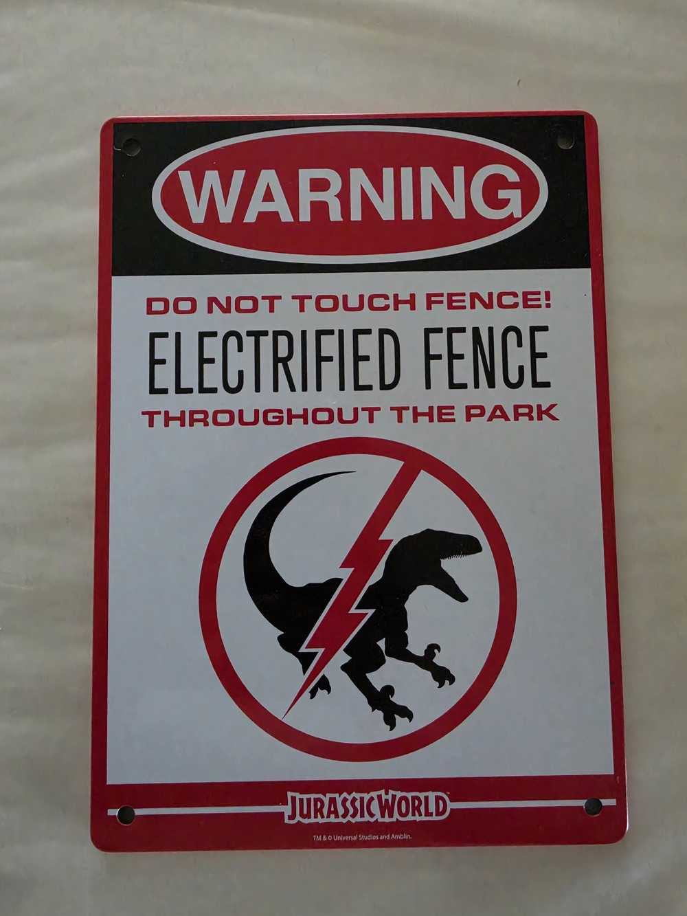 Jurassic World 'Electrified Fence' Warning Wall Sign - Red & Black